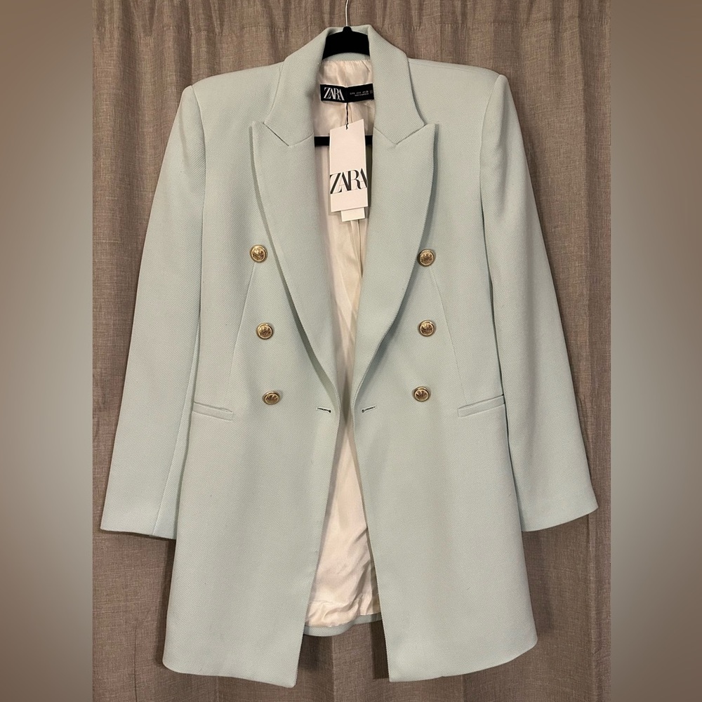 Zara Double Breasted Pique Blazer - Powder Blue / size S